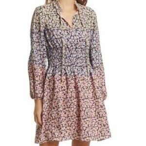 Vince Camuto Mini Dress Sz 6P  Smock Waist Blouson Sleeves Pink Blue Romantic